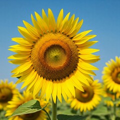 A vibrant sunflower in full bloom with bright yellow petals and a detailed brown center against a clear blue sky. Other sunflowers are blurred in the background.