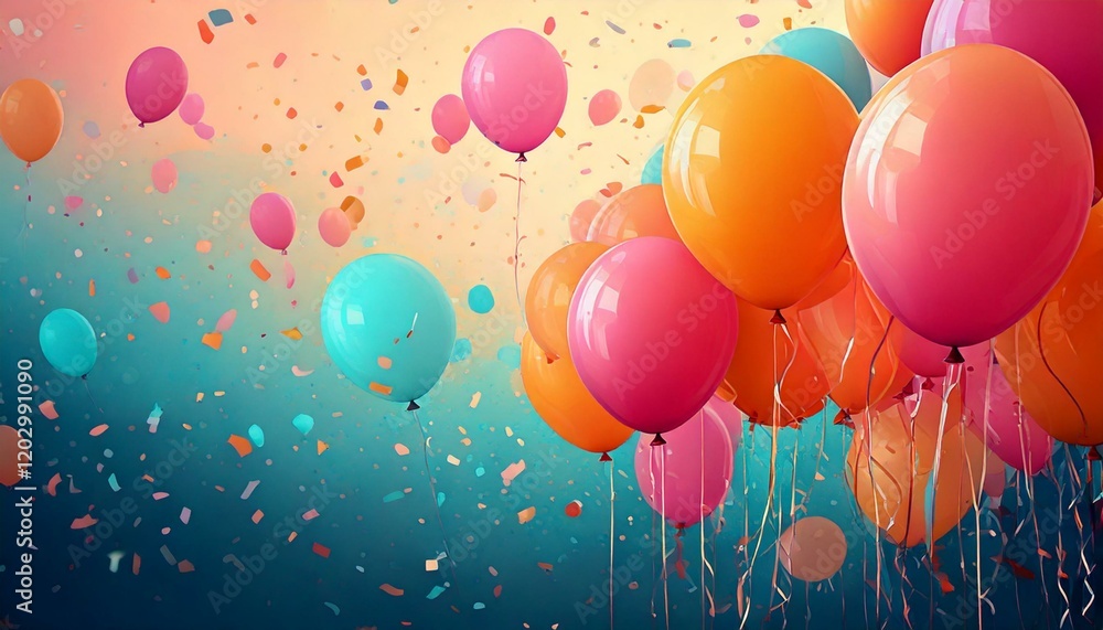 Poster a cheerful abstract scene with colorful balloon shapes, floating confetti, and soft gradient hues of