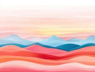 Abstract landscape illustration with soft gradient colors, featuring layered hills and mountains in warm and cool tones
