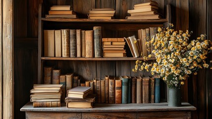 Antique Bookshelf Filled With Vintage Books And Flowers