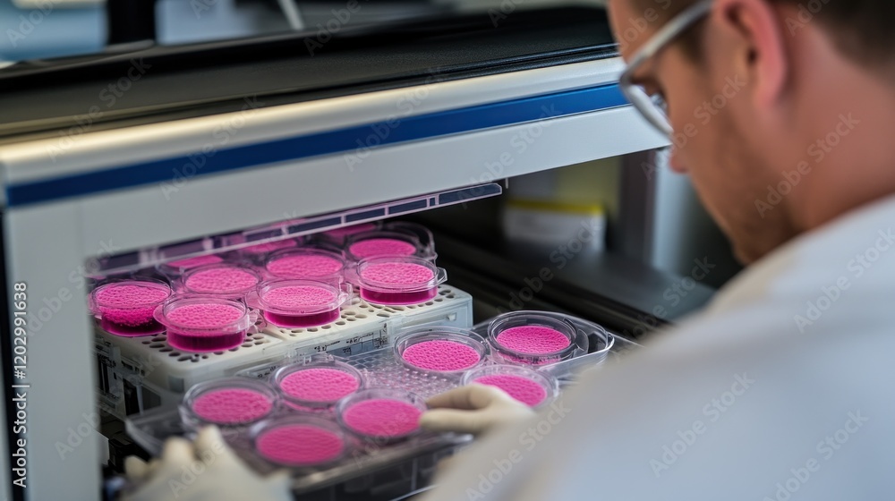 Poster scientist working with pink samples in a laboratory
