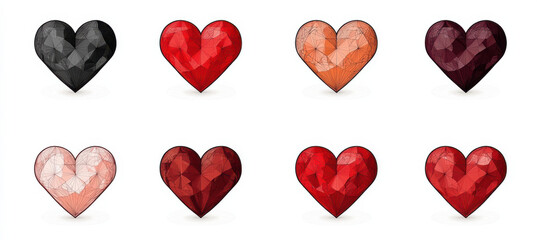 Polygonal heart icons in various colors and shades, showcasing modern geometric design