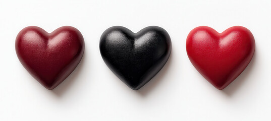 Three heart shaped objects in red and black arranged in row on white background