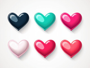Glossy colorful heart icons in various shades, including black, teal, pink, white, and red, with shiny 3D effect
