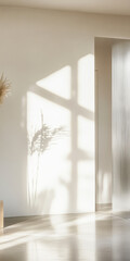 Soft light casts gentle shadows in a modern interior space with plants and minimalist design
