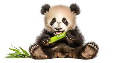 A giant panda sitting and eating bamboo, taking up 75 percent of the picture with detailed textures of its fur and markings on a transparent background 