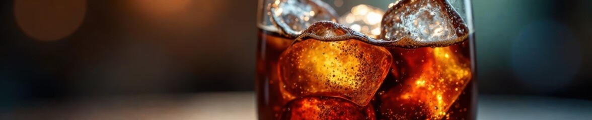 Close-up of a glass filled with cola and ice, condensation visible , texture, sugary