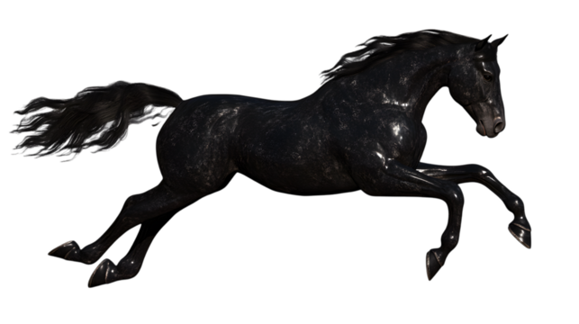 A graceful horse in mid-gallop, mane flowing and muscles detailed, taking up 80 percent of the picture on a transparent background 