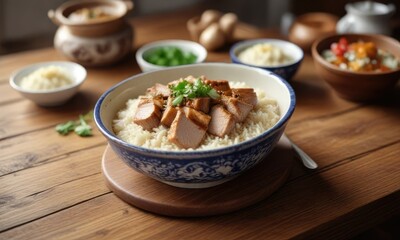 Baked pork rice in a ceramic bowl with garlic sauce on a wooden table, wooden table, ceramic bowl, restaurant food