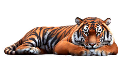 A large and striking Bengal tiger with piercing eyes lying down but alert, occupying 80 percent of the picture, set against a transparent background 