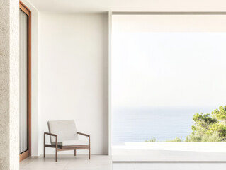 Serene coastal retreat with minimalist design and ocean view from spacious living area