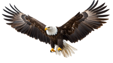 A majestic eagle in a landing pose with wings partially spread, its sharp talons visible, occupying 75 percent of the image on a transparent background 