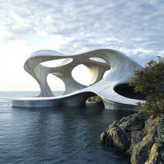Fototapeta premium Abstract Coastal Architecture: An enigmatic and mesmerizing futuristic structure with organic, flowing lines rises from the sea, evoking a sense of wonder and mystery.