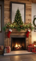 Artificial fir tree placed in front of a wooden fireplace with stockings and holly, greenery, decorated, wooden
