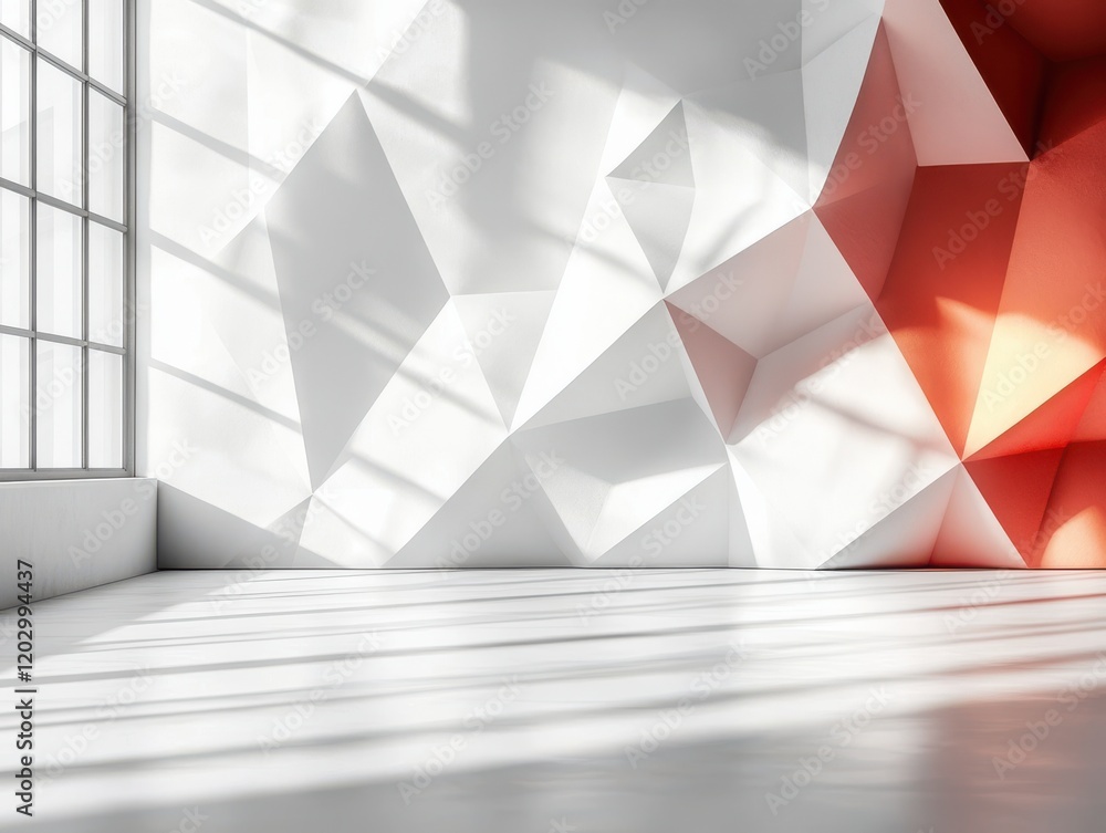Poster modern abstract interior space with geometric shapes and natural light streaming through large windo