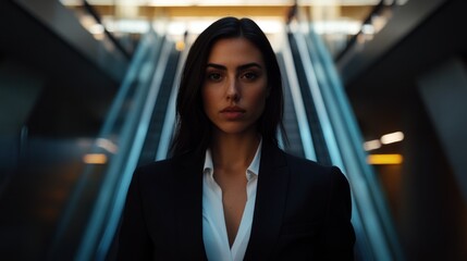 A Confident Businesswoman Stands Before Escalators