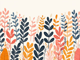 Minimalist illustration of colorful leaves in orange, pink, and navy tones on light background