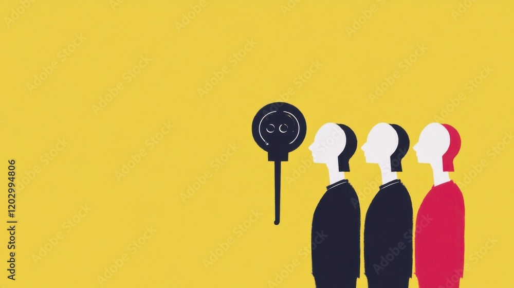 Poster abstract illustration of three stylized figures with a playful character on a bright yellow backgrou