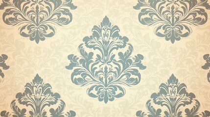 A vintage damask pattern featuring intricate blue designs on a light cream background, ideal for elegant decor or textile applications.