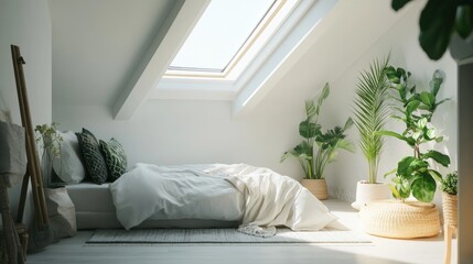 Naklejka premium Serene Attic Bedroom with Lush Greenery and Skylight