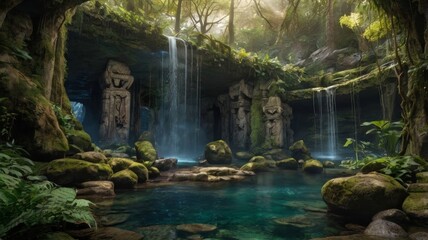 Fototapeta premium Enchanting hidden jungle waterfall with ancient stone carvings and crystal clear water