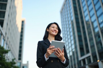 Fototapeta premium Confident Businesswoman Smiling and Using Tablet in Urban Environment Surrounded by Modern Skyscrapers on a Bright Day
