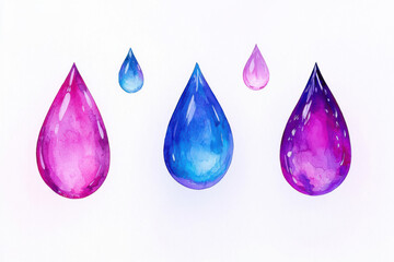 Colorful watercolor raindrops with reflective highlights on white background