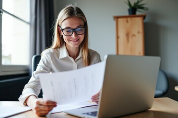 Focused young woman studying at home with laptop and paperwork, showcasing remote work or learning in a modern interior environment