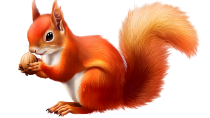 A playful red squirrel holding an invisible nut, its bushy tail and tiny paws occupying 60 percent of the image on a transparent background 