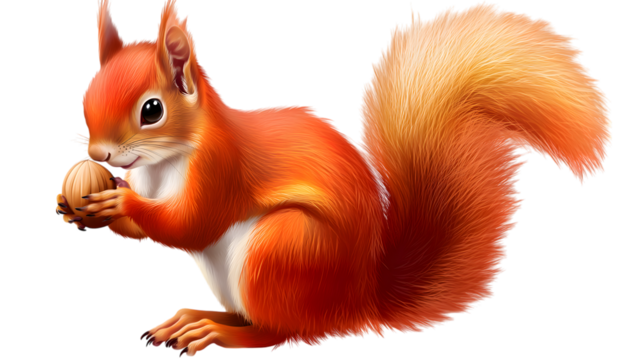 A playful red squirrel holding an invisible nut, its bushy tail and tiny paws occupying 60 percent of the image on a transparent background 