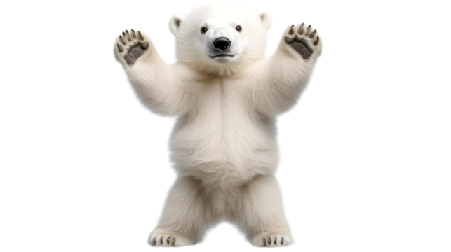 A polar bear standing on its hind legs with white fur glistening, taking up 65 percent of the image, exuding both power and gentleness on a transparent background 