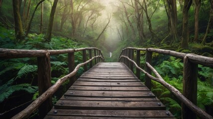 Fototapeta premium Mystical Forest Pathway: A wooden bridge leading into a misty woodland landscape
