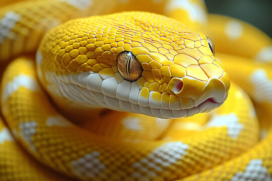 Close-up of a vibrant yellow snake with intricate scales, coiled in a natural setting