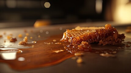 Honeycomb Dripping Golden Honey On Wood