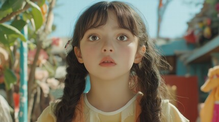 A young girl with long black hair and a red shirt