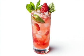 Glass of cold strawberry cocktail with ice cubes, mint and fresh strawberry on white background
