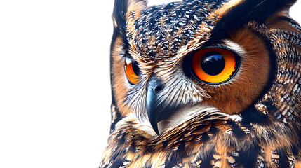 A regal owl with wide, piercing eyes and detailed feathers, perched confidently and occupying 65 percent of the frame on a transparent background 
