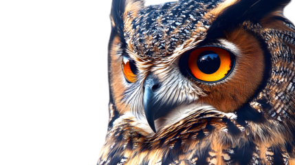 A regal owl with wide, piercing eyes and detailed feathers, perched confidently and occupying 65 percent of the frame on a transparent background 