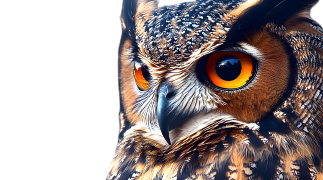 A regal owl with wide, piercing eyes and detailed feathers, perched confidently and occupying 65 percent of the frame on a transparent background 