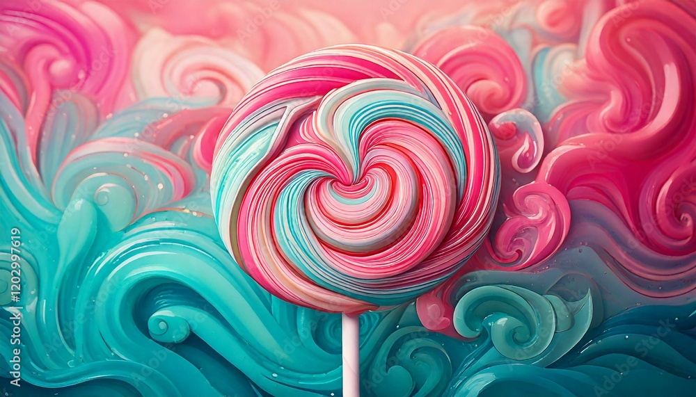 Poster a vibrant and cheerful background with swirling pastel patterns resembling lollipops, set against a 