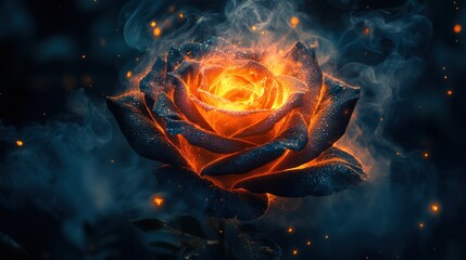 Fiery rose engulfed in smoke and embers.