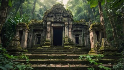 Ancient Temple Ruins Enveloped by Lush Jungle Vegetation in Tropical Climate