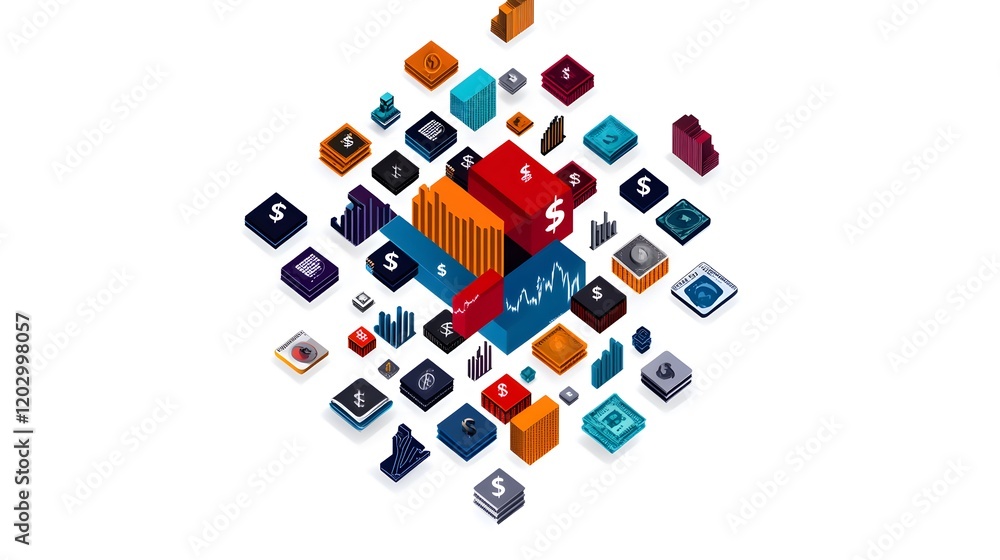 Poster abstract data visualization with financial icons and graphs