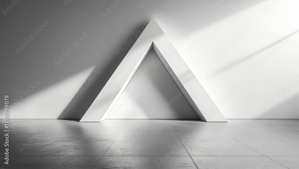 Poster minimalistic interior design with geometric shapes, white triangular structure casting shadows on a 
