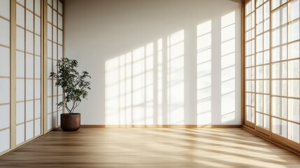 Serene Minimalist Japanese Room with Sunlight Streaming Through Shoji Screens