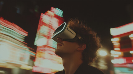 Exploring the Metaverse: A young man wearing a VR headset stands amidst a vibrant cityscape at night, experiencing the immersive possibilities of virtual reality.