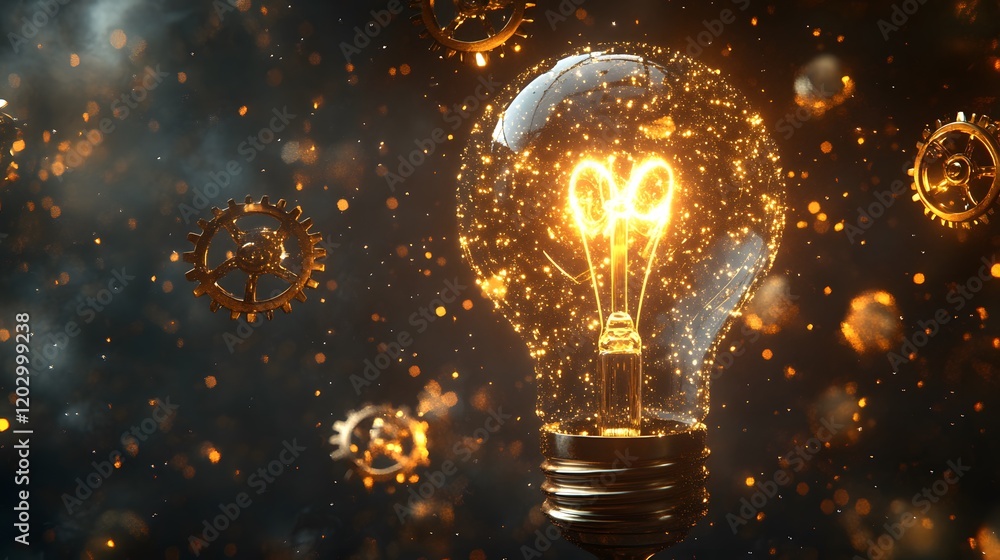 Poster sparkling light bulb with gears and glittering particles in dark background