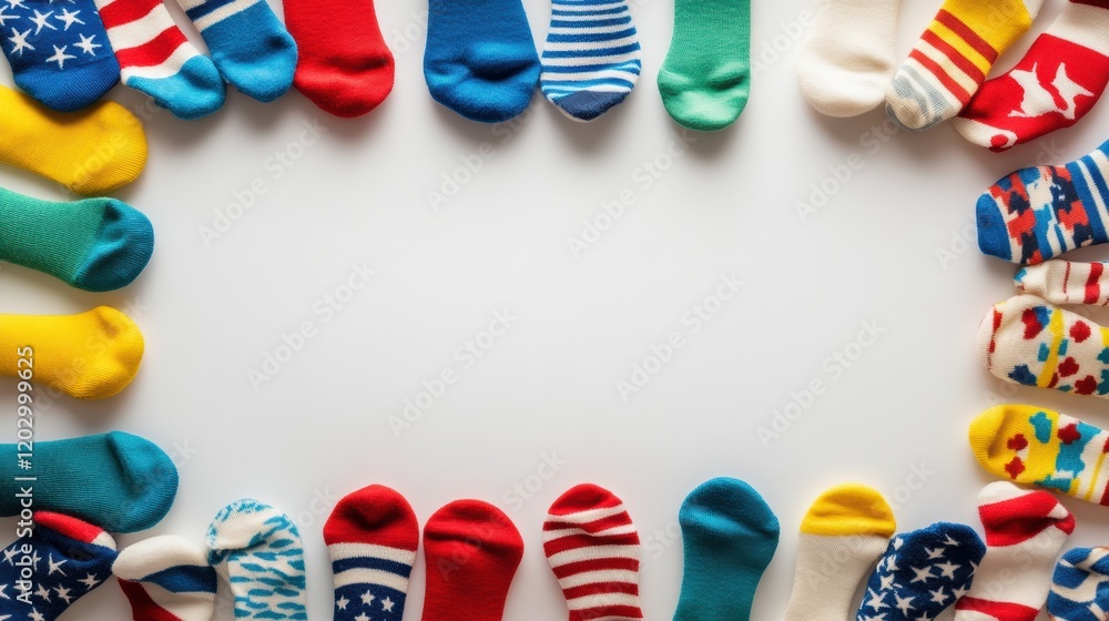 Poster colorful assortment of patterned socks arranged in a circular layout on a white background