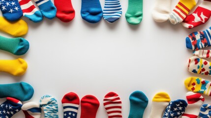 Obraz premium Colorful assortment of patterned socks arranged in a circular layout on a white background