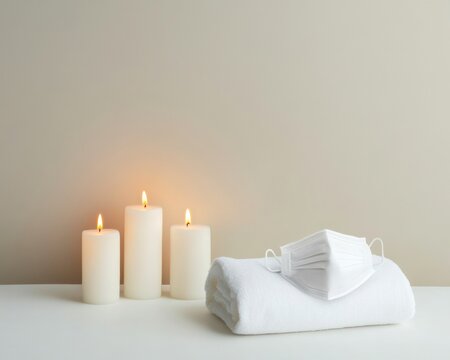Reflective Modern Minimalism Lit Candles and Mask on White Linen - National COVID-19 Day and Spring Remembrance Styling for Public Health Awareness and Memorial Events